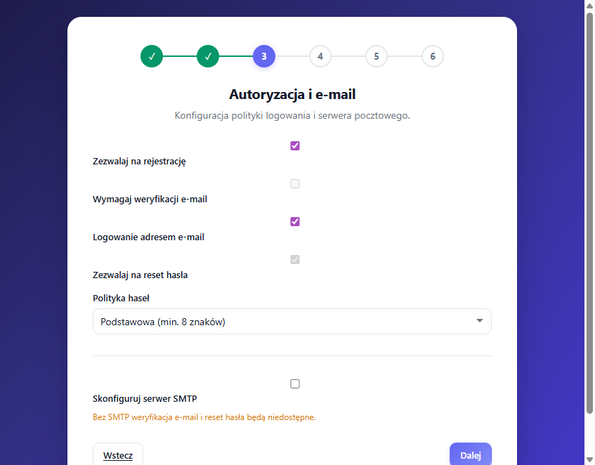 Krok 3 - autoryzacja i email